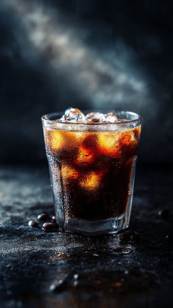 Glass of cola with ice cubes and coffee beans on dark background