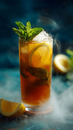 Mojito cocktail with lemon, mint and ice on blue backgroundの写真素材