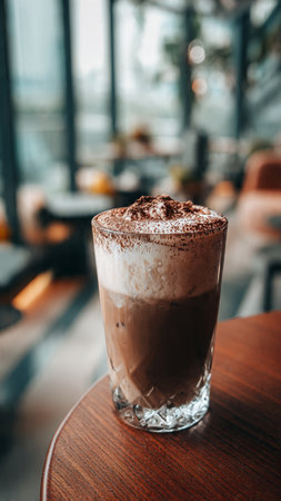 Iced chocolate with whipped cream in a glass on the table.の写真素材