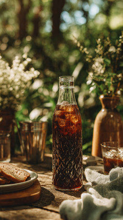 Iced coffee in a glass bottle on a wooden table in the gardenの写真素材