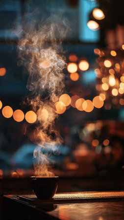Cup of coffee on a wooden table in a cafe with bokehの写真素材