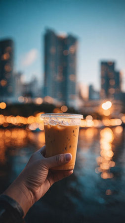 Iced coffee in hand with cityscape at twilight. Selective focus.の写真素材
