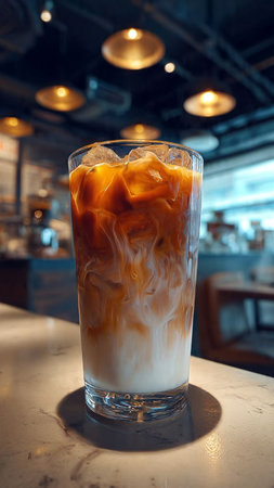 Iced coffee in a glass on a table in a cafe.の写真素材