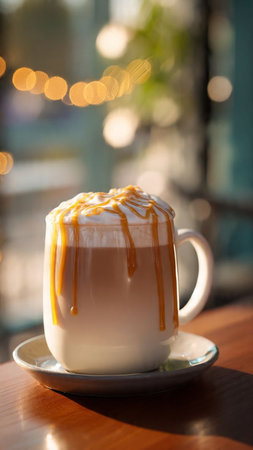 coffee latte with caramel on wood table and bokeh backgroundの写真素材