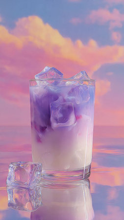 Ice cubes in a glass with ice cubes on a blue sky backgroundの写真素材