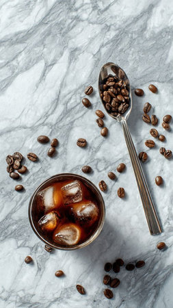Iced coffee with ice cubes and coffee beans on a marble backgroundの写真素材