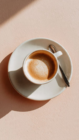 Cup of coffee on beige background. Minimal style.の写真素材