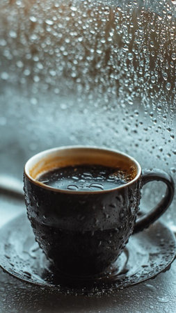 Coffee cup with water drops on the window in rainy dayの写真素材