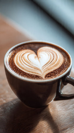 Coffee cup with heart shape on wooden table, stock photoの写真素材