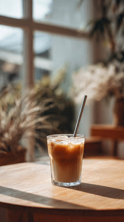 Iced coffee in a glass on a wooden table with a strawの写真素材
