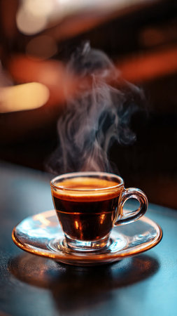 Cup of coffee with smoke on the table in a cafe.の写真素材