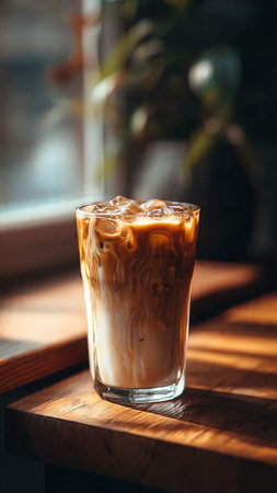 Iced coffee with milk in a glass on a wooden table.