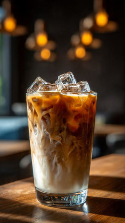 Iced coffee with ice cubes in a glass on wooden table.