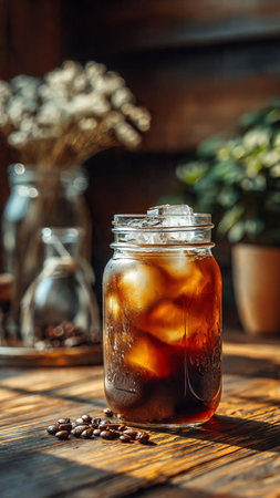 Coffee with ice cubes in a glass jar on a wooden tableの写真素材