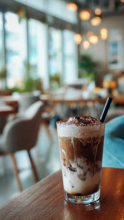 Iced coffee in a glass on a table in a cafe.の写真素材