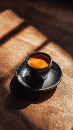 Espresso coffee in a cup on a wooden table with sunlightの写真素材