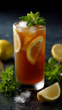 Cuba libre cocktail with lemon and mint on a black backgroundの写真素材