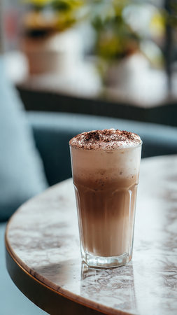 chocolate smoothies with whipped cream and cocoa powder on table in cafeの写真素材