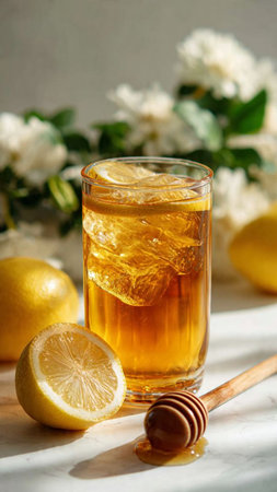Glass of iced tea with lemon and honey on white marble table
