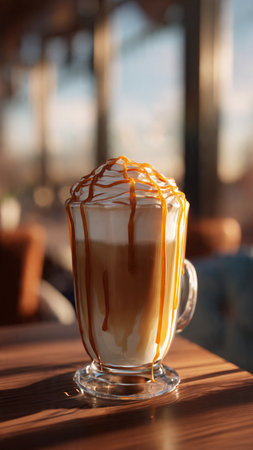 Coffee latte macchiato with caramel on topの写真素材