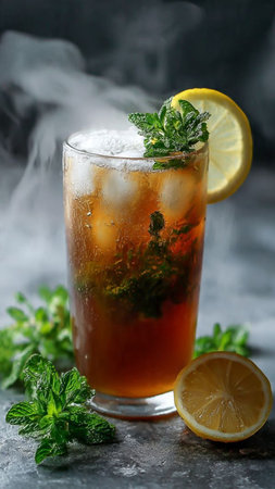 Glass of iced tea with lemon, mint and ice on dark background