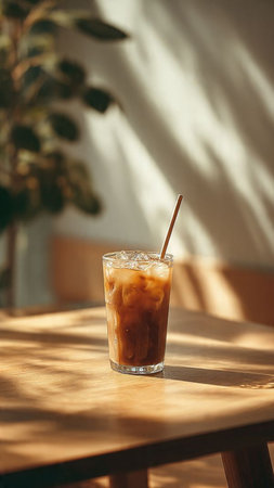 Iced coffee in a glass on a wooden table. Sunlight.の写真素材