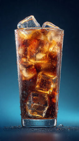 Cola with ice cubes in glass on dark blue background, close up