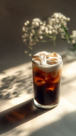 Coffee with ice cubes in a glass on the table.