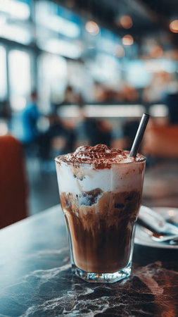 Iced chocolate with whipped cream in a glass on the table.の写真素材