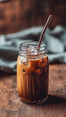 Iced coffee with milk in a glass jar on a wooden backgroundの写真素材