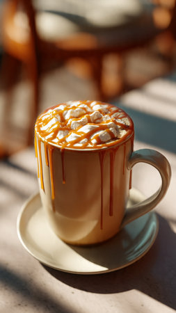 Hot chocolate with marshmallows and caramel in a cup on the tableの写真素材