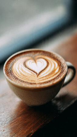 Coffee cup with heart shape on wooden table in coffee shopの写真素材
