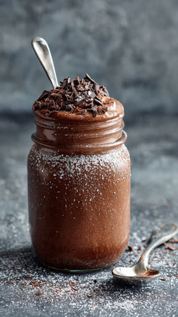 Chocolate mousse in glass jar with spoon on dark background.