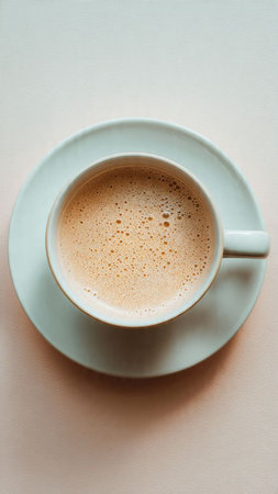 Coffee cup on a beige background. Top view.
