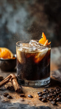 Cuba libre cocktail with rum, cola, orange, cinnamon and iceの写真素材