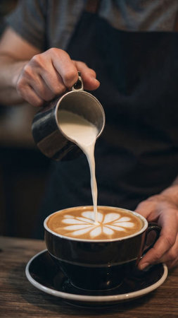 barista pouring milk into a cup of coffee latte art.の写真素材