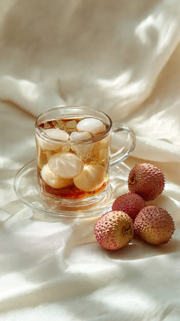 Lychee juice in glass cup with fresh fruits on white clothの写真素材