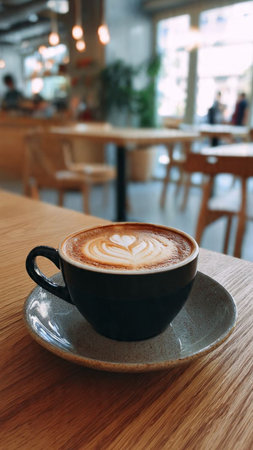 Coffee cup on wooden table in coffee shop, stock photoの写真素材
