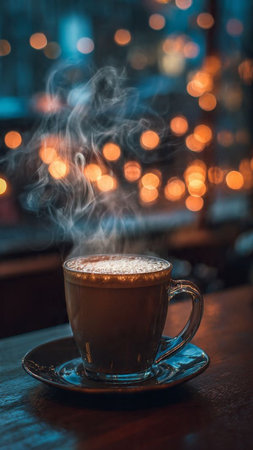Coffee cup with steam on wooden table in coffee shop - vintage effectの写真素材