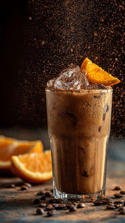 Iced coffee with ice cubes, orange and coffee beans on dark background