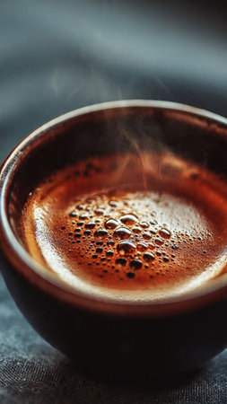 Cup of coffee with steam on dark background, close-upの写真素材