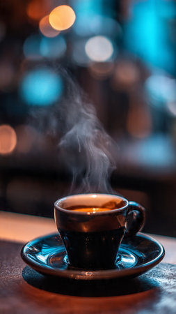 A cup of coffee on the table in the cafe. Close-upの写真素材