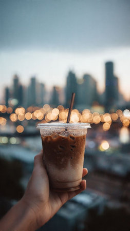 Iced coffee in the hand on the background of the city.