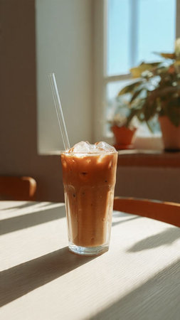 Iced coffee with milk in a glass on a white table.の写真素材