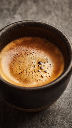 Cup of coffee on dark background, top view, copy spaceの写真素材
