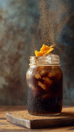 Cola with ice cubes in a glass jar on a dark background.の写真素材