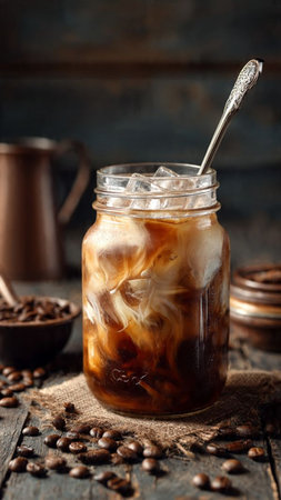 Iced coffee in glass jar and coffee beans on old wooden tableの写真素材