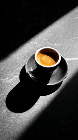 Cup of coffee with shadow on the wall. Black and whiteの写真素材