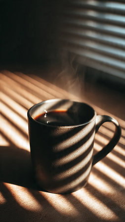 Cup of coffee with sunbeams through the blinds.の写真素材