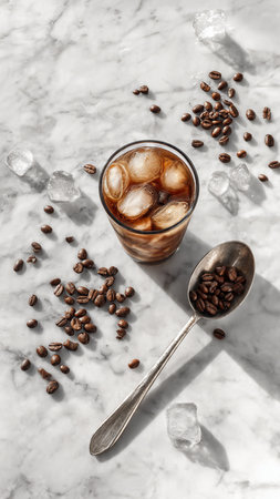 Coffee in glass with ice cubes and spoonle backgroundの写真素材